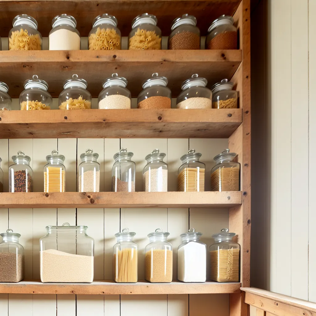 Glass jars aligned on open shelves